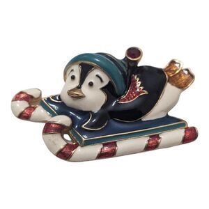 Vintage Christopher‎ Radko Brooch Penguin Winter Sled Christmas Xmas Pin